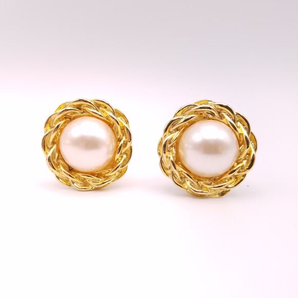 Earrings Gold Tone Round Rope Chain Border Faux Pearl Clip On Fashion Statement - Picture 1 of 4